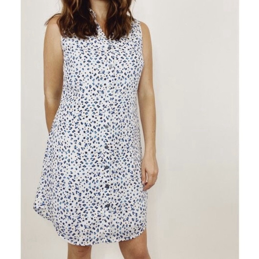 Cabi Women's Camilla Blue Leopard Print Shirt Dress Size S Button Up Knee Length